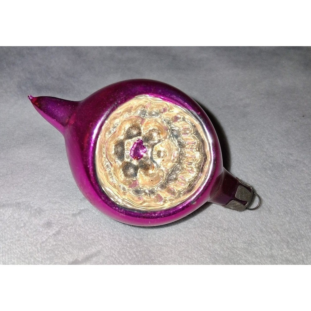 Vintage Poland Glass Christmas Ornament 3" Pink Blue Reflector Hand Painted